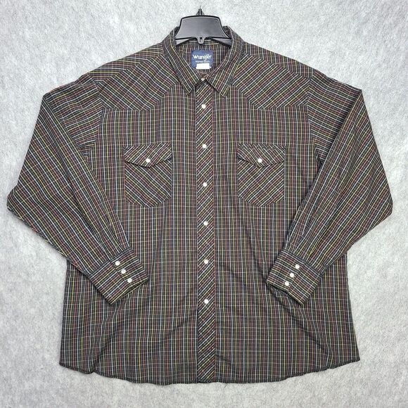 Wrangler Western Long Sleeve Pearl Snap Shirt Mens XXL Brown Plaid Double Pocket - Picture 1 of 7